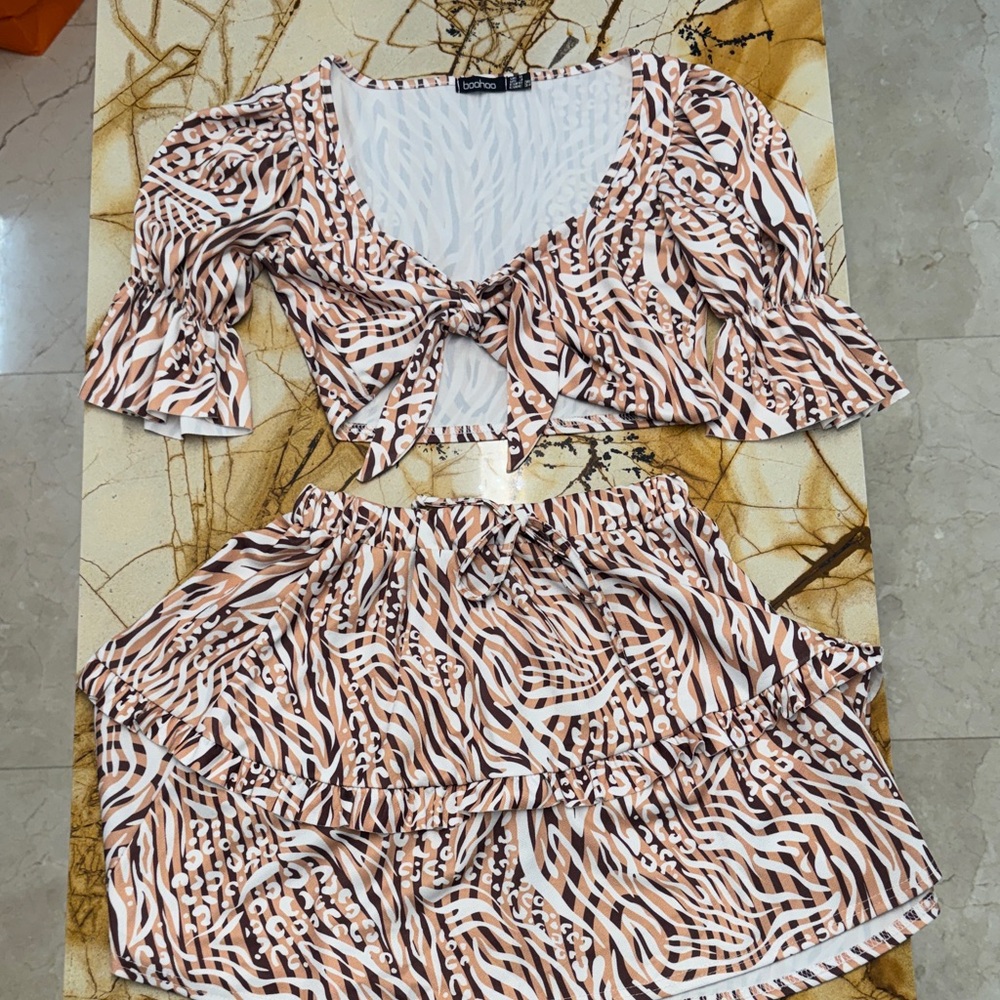 Boohoo Pink & Brown Animal-Print Tie-Front Skirt Set